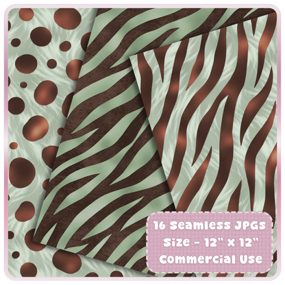 Zebra stripe seamless patterns in sage green and brown modern neutral animal print digital paper