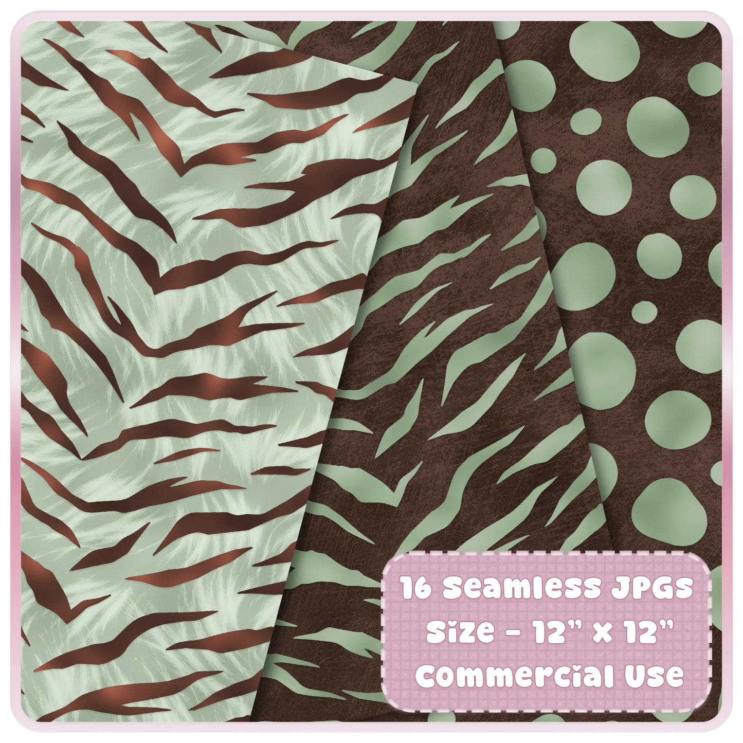 Tiger and zebra inspired seamless animal print patterns in muted sage and cocoa tones