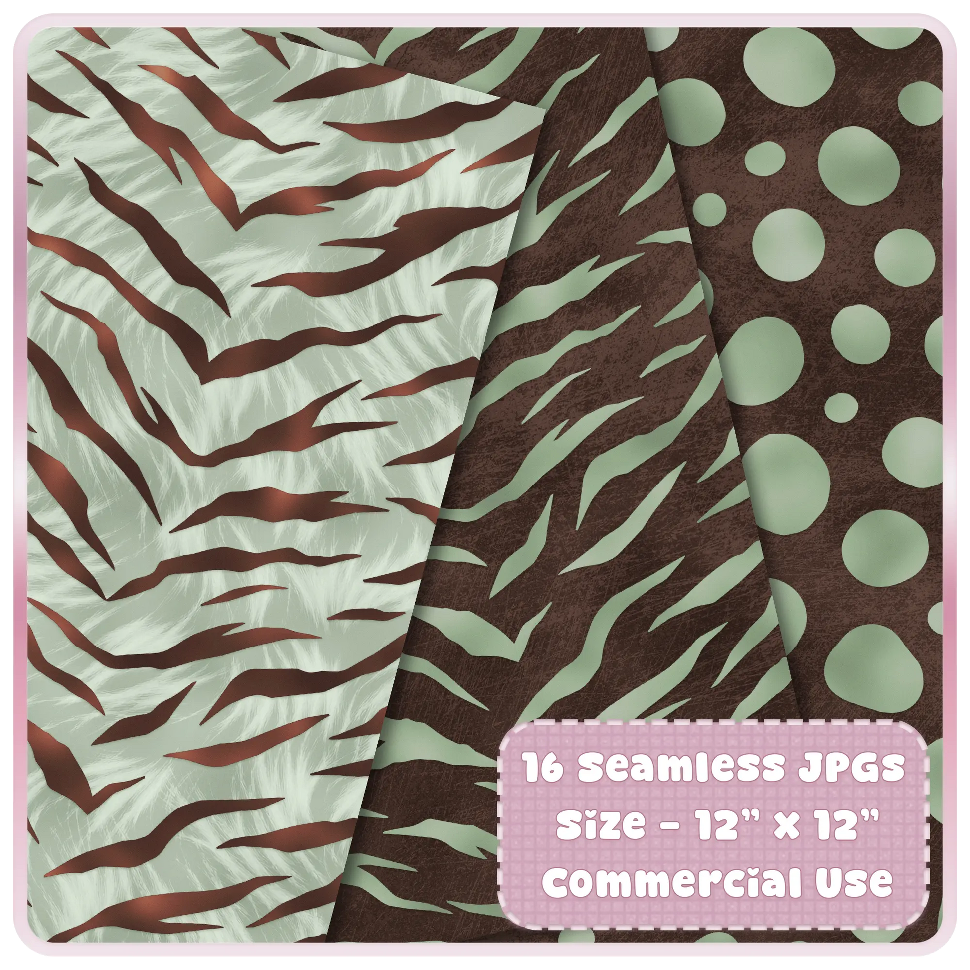 Tiger and zebra inspired seamless animal print patterns in muted sage and cocoa tones