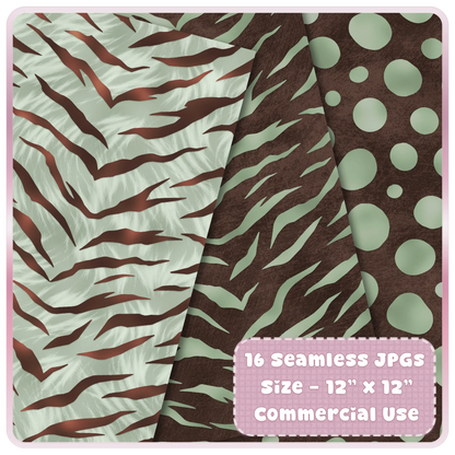 Tiger and zebra inspired seamless animal print patterns in muted sage and cocoa tones