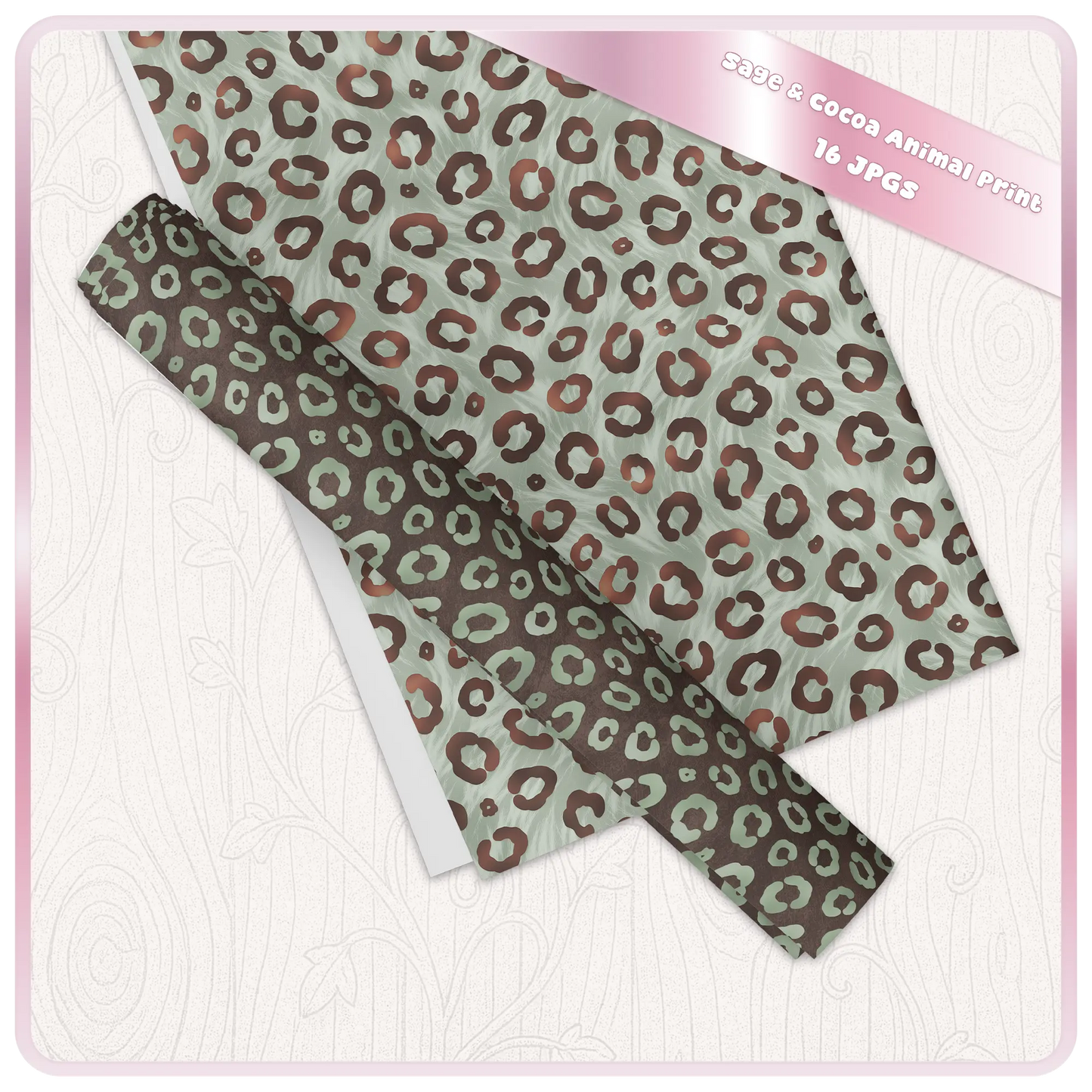 Full sheet preview of seamless leopard pattern in sage and cocoa for digital and print use