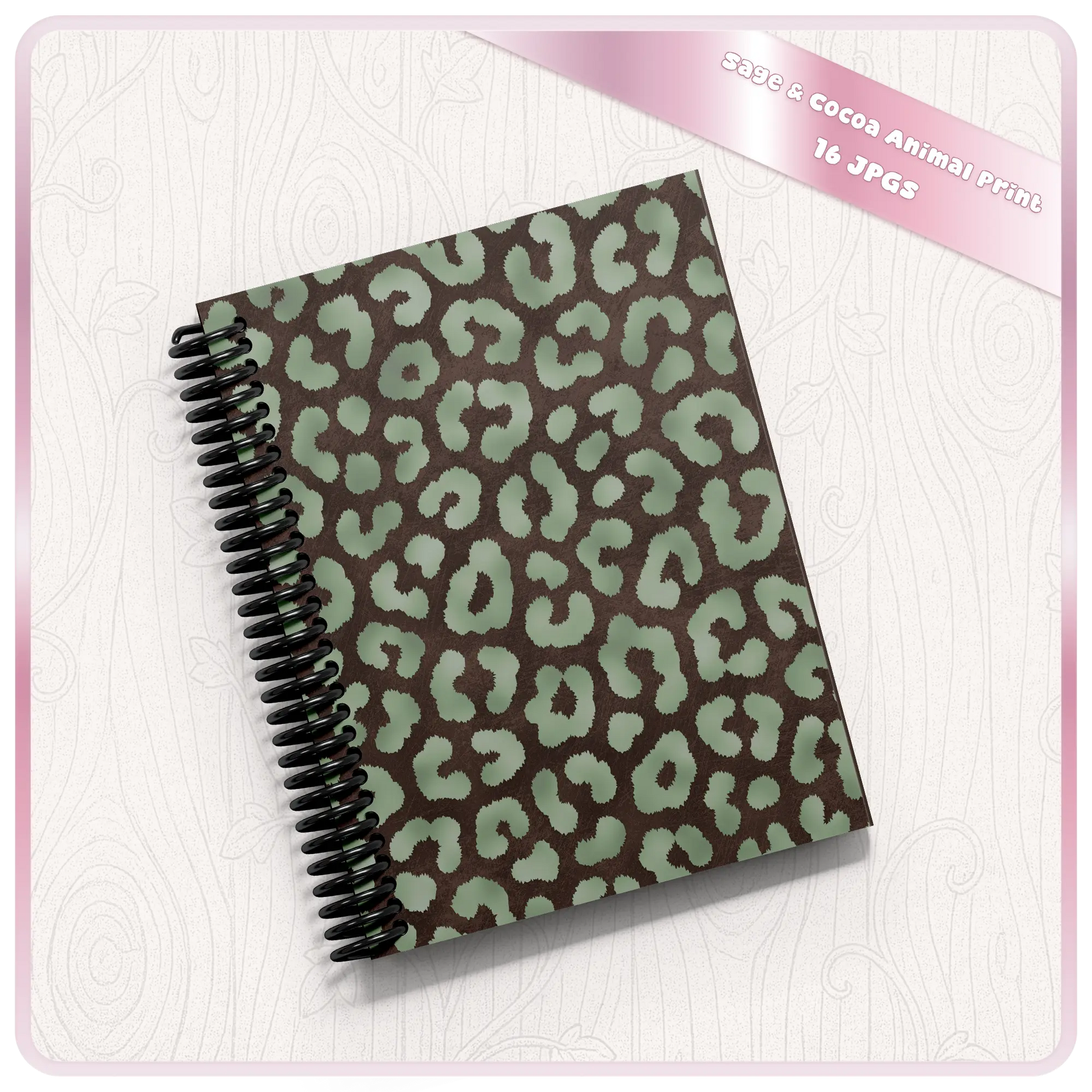 Spiral notebook mockup with sage and cocoa leopard print seamless pattern cover design
