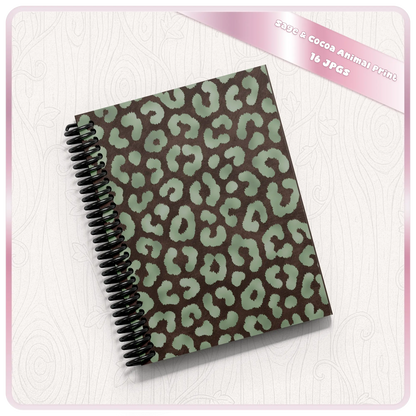 Spiral notebook mockup with sage and cocoa leopard print seamless pattern cover design