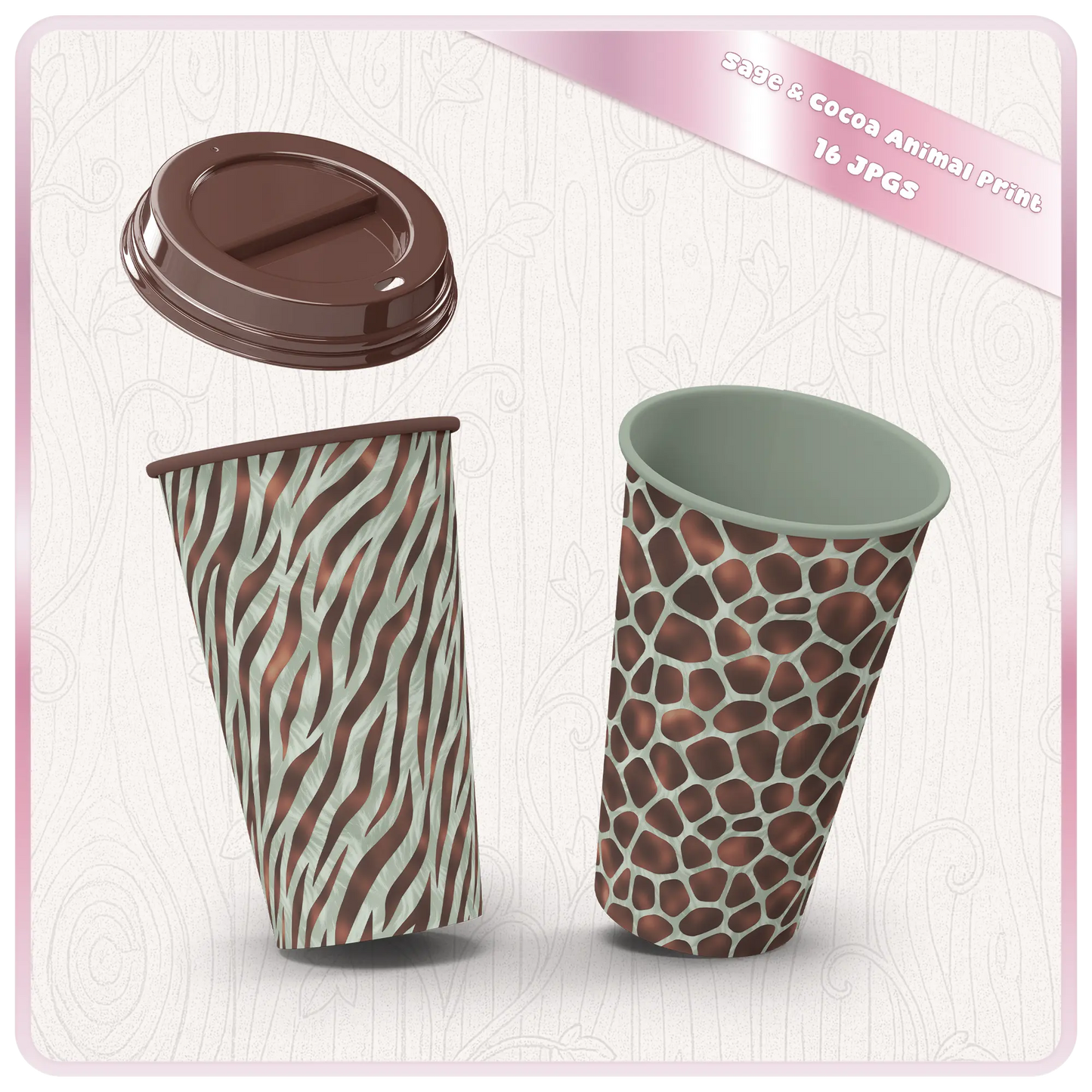 Coffee cups with zebra and giraffe print seamless patterns in sage green and cocoa tones