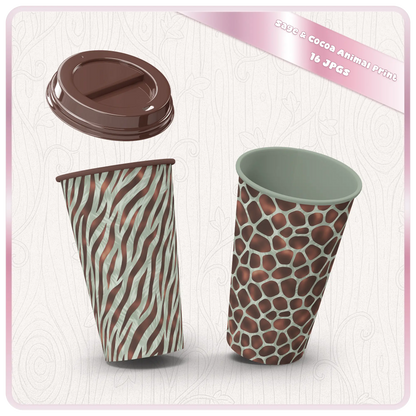 Coffee cups with zebra and giraffe print seamless patterns in sage green and cocoa tones