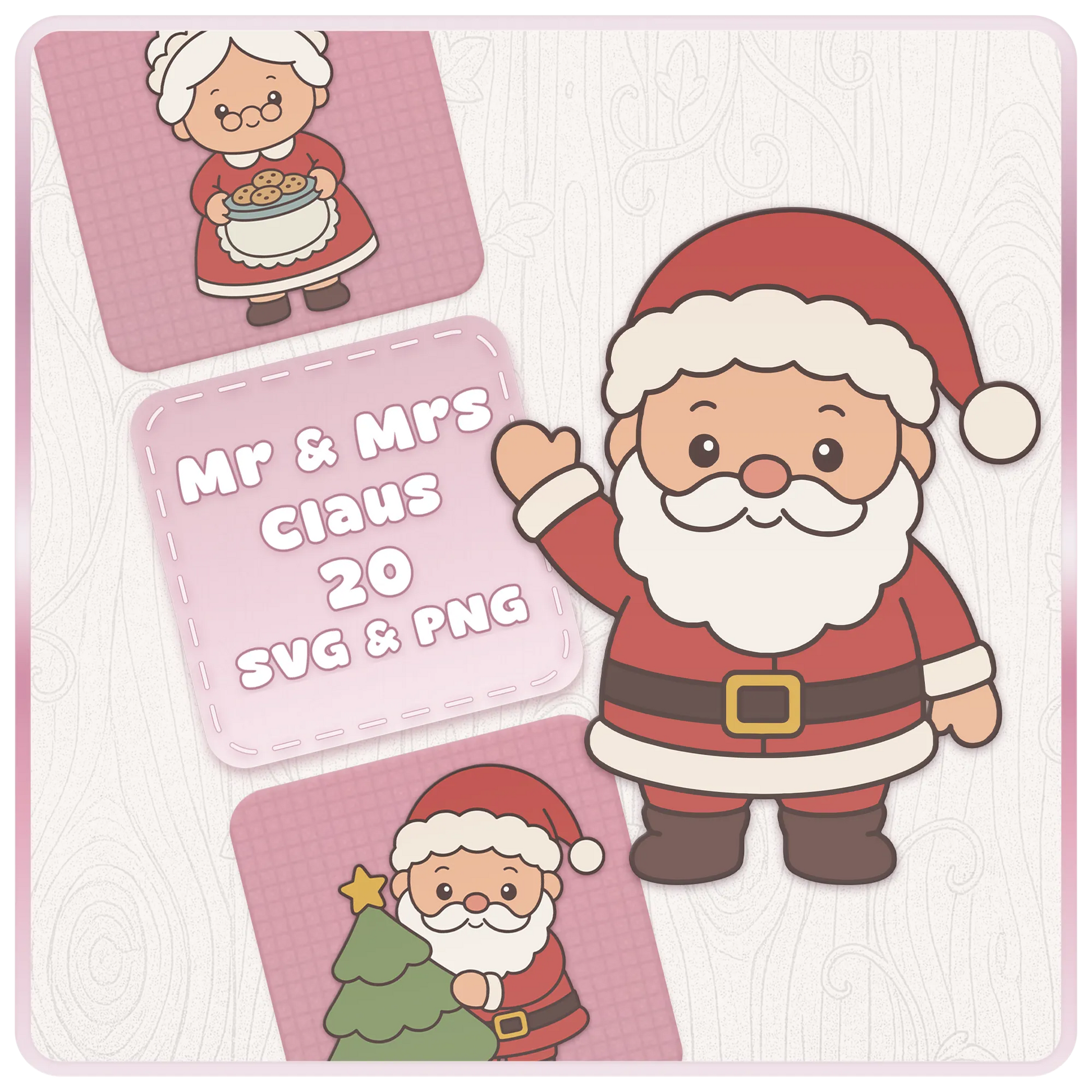 Mr and Mrs Santa Claus SVG and PNG Christmas clipart bundle featuring cute Santa waving, Mrs Claus holding cookies and Santa decorating a Christmas tree.