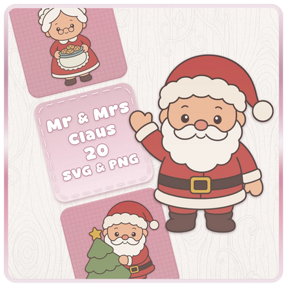 Mr and Mrs Santa Claus SVG and PNG Christmas clipart bundle featuring cute Santa waving, Mrs Claus holding cookies and Santa decorating a Christmas tree.