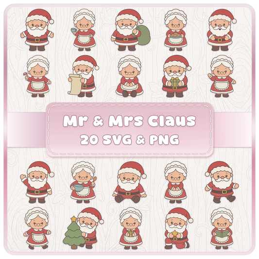 Santa Claus and Mrs Claus SVG and PNG clipart bundle featuring 20 cute Christmas characters with gifts, cookies, Santa sack, Christmas tree, book and festive holiday poses.