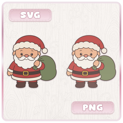 Santa Claus SVG and PNG Christmas bundle preview showing two cute Santa characters carrying green gift sacks in festive red Santa suits.