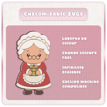 Customisable Mrs Claus SVG Christmas design showing layered by colour artwork, fast colour changes, scalable vector files and cutting machine compatibility.