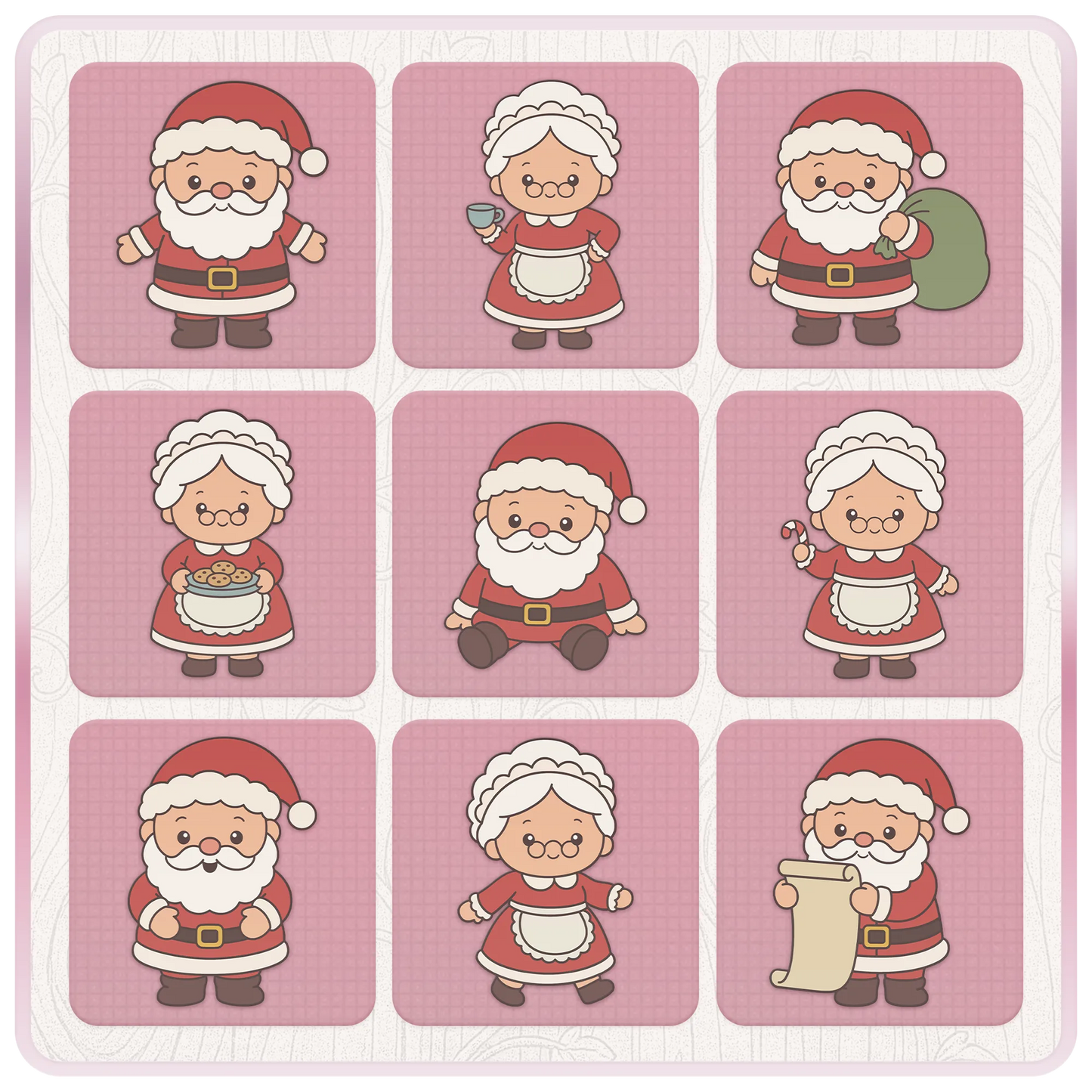 Mr and Mrs Santa Claus Christmas SVG bundle preview featuring nine cute festive character designs including Santa, Mrs Claus, cookies, candy cane and Santa sack.
