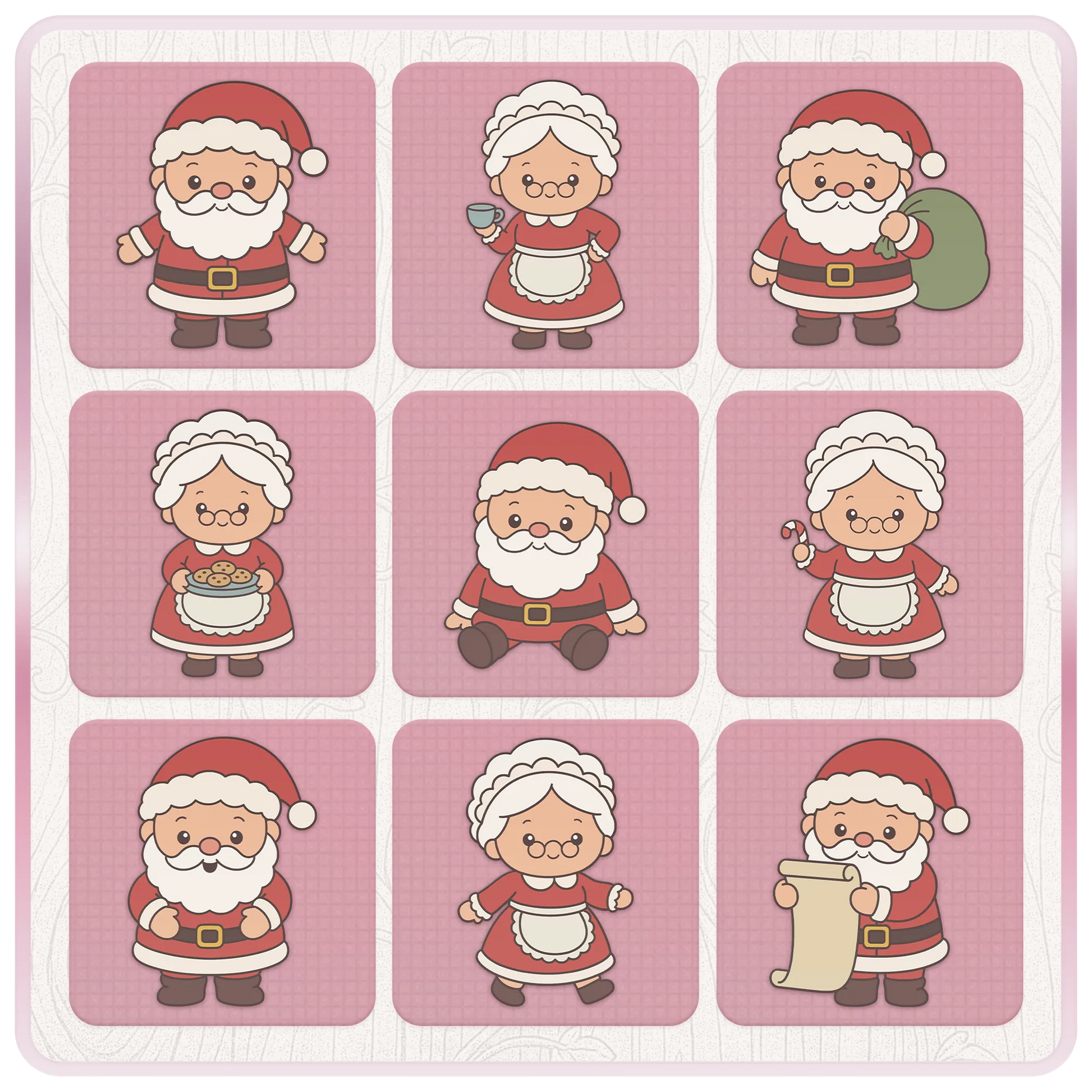 Mr and Mrs Santa Claus Christmas SVG bundle preview featuring nine cute festive character designs including Santa, Mrs Claus, cookies, candy cane and Santa sack.