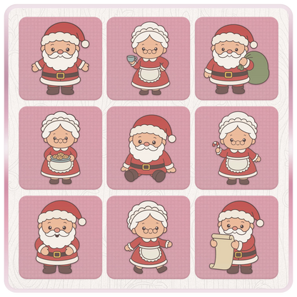 Mr and Mrs Santa Claus Christmas SVG bundle preview featuring nine cute festive character designs including Santa, Mrs Claus, cookies, candy cane and Santa sack.