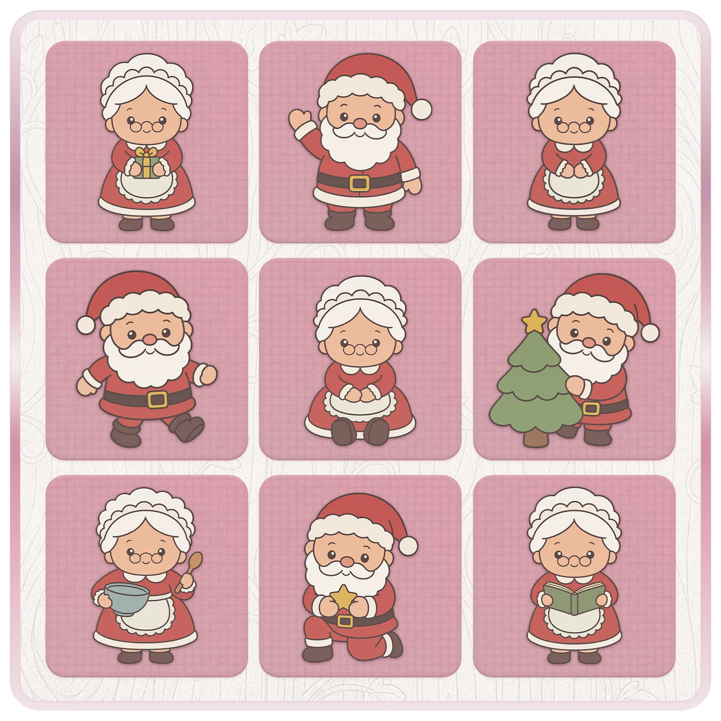 Christmas Santa and Mrs Claus SVG and PNG bundle preview with nine festive clipart designs including Christmas tree, mixing bowl, book, gift and star.