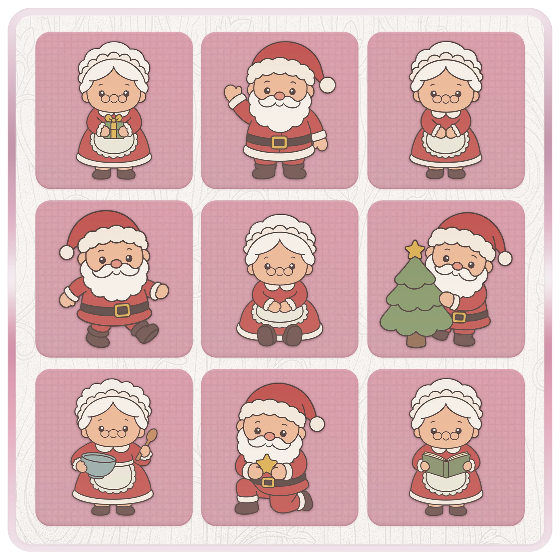 Christmas Santa and Mrs Claus SVG and PNG bundle preview with nine festive clipart designs including Christmas tree, mixing bowl, book, gift and star.