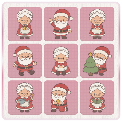 Christmas Santa and Mrs Claus SVG and PNG bundle preview with nine festive clipart designs including Christmas tree, mixing bowl, book, gift and star.