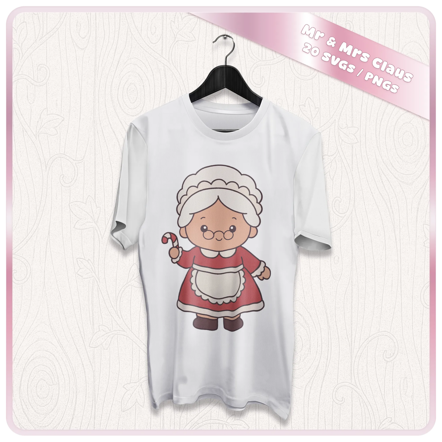 Cute Mrs Claus candy cane SVG and PNG Christmas design displayed on a white T-shirt mockup for Cricut, sublimation and festive crafts.