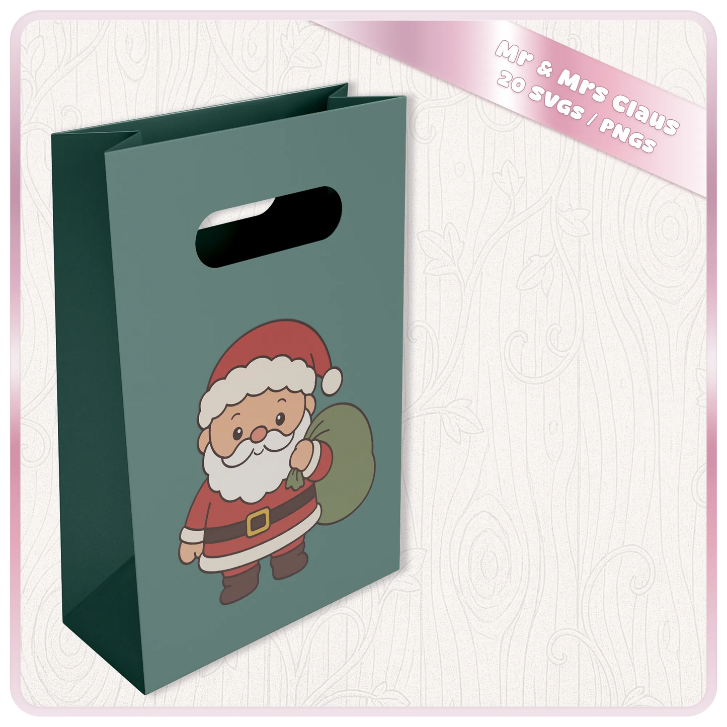 Cute Santa Claus with green gift sack SVG and PNG Christmas design displayed on a teal gift bag mockup from the Mr and Mrs Claus bundle.