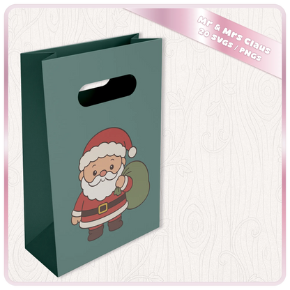 Cute Santa Claus with green gift sack SVG and PNG Christmas design displayed on a teal gift bag mockup from the Mr and Mrs Claus bundle.