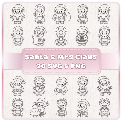20 cute Santa Claus and Mrs Claus Christmas line art SVG and PNG clipart designs featuring festive poses, gifts and holiday activities.