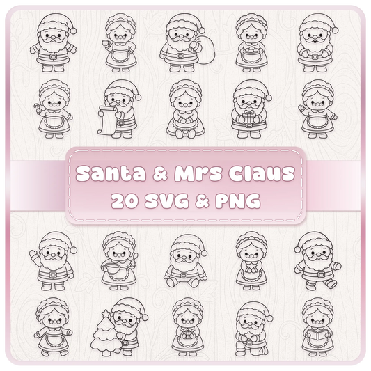 20 cute Santa Claus and Mrs Claus Christmas line art SVG and PNG clipart designs featuring festive poses, gifts and holiday activities.
