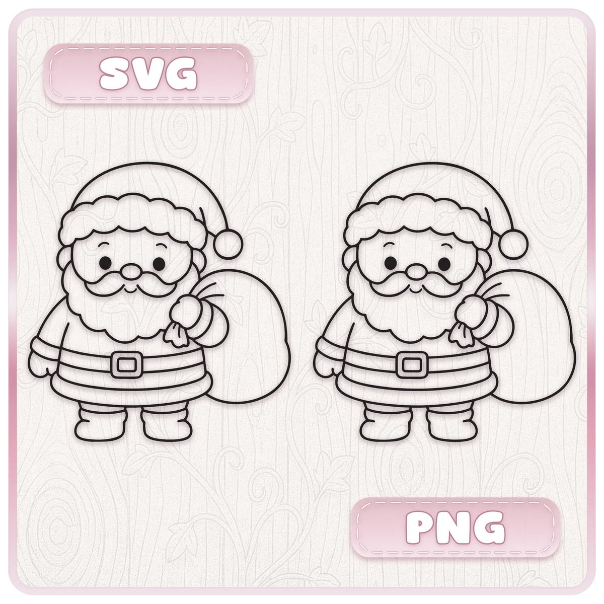 Santa Claus holding a Christmas gift sack, shown as scalable SVG line art and PNG clipart in a cute black outline illustration style.