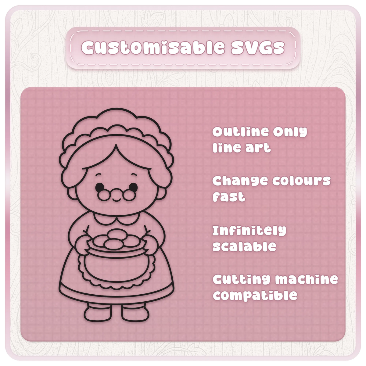 Cute Mrs Claus Christmas SVG line art illustration with customisable outlines, scalable vector design and cutting machine craft features.
