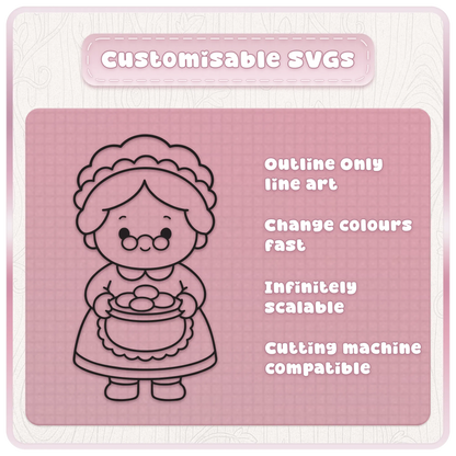 Cute Mrs Claus Christmas SVG line art illustration with customisable outlines, scalable vector design and cutting machine craft features.