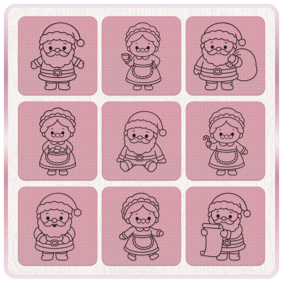 Nine cute Santa and Mrs Claus SVG Christmas line art designs featuring Santa with a gift sack, Mrs Claus with cookies and festive poses.