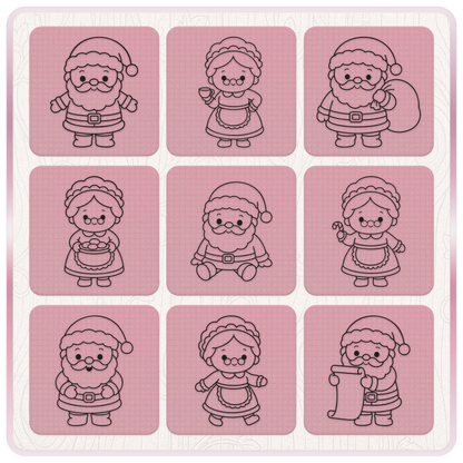 Nine cute Santa and Mrs Claus SVG Christmas line art designs featuring Santa with a gift sack, Mrs Claus with cookies and festive poses.
