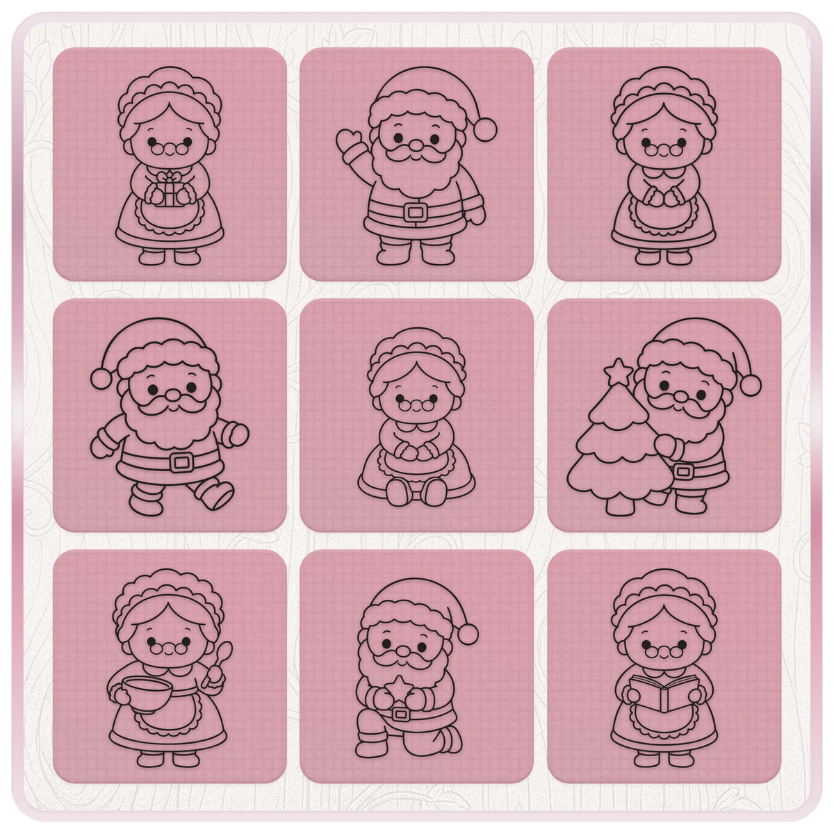 Nine adorable Santa Claus and Mrs Claus Christmas PNG and SVG illustrations featuring presents, a Christmas tree, baking and festive activities.