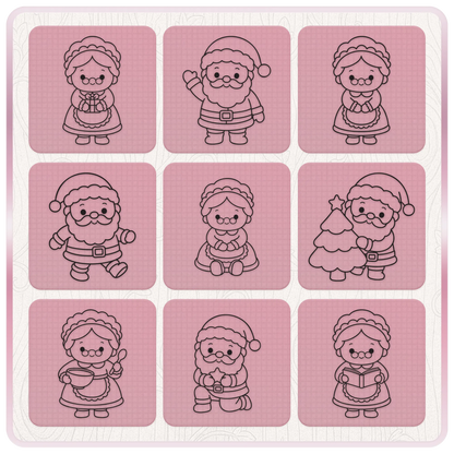 Nine adorable Santa Claus and Mrs Claus Christmas PNG and SVG illustrations featuring presents, a Christmas tree, baking and festive activities.