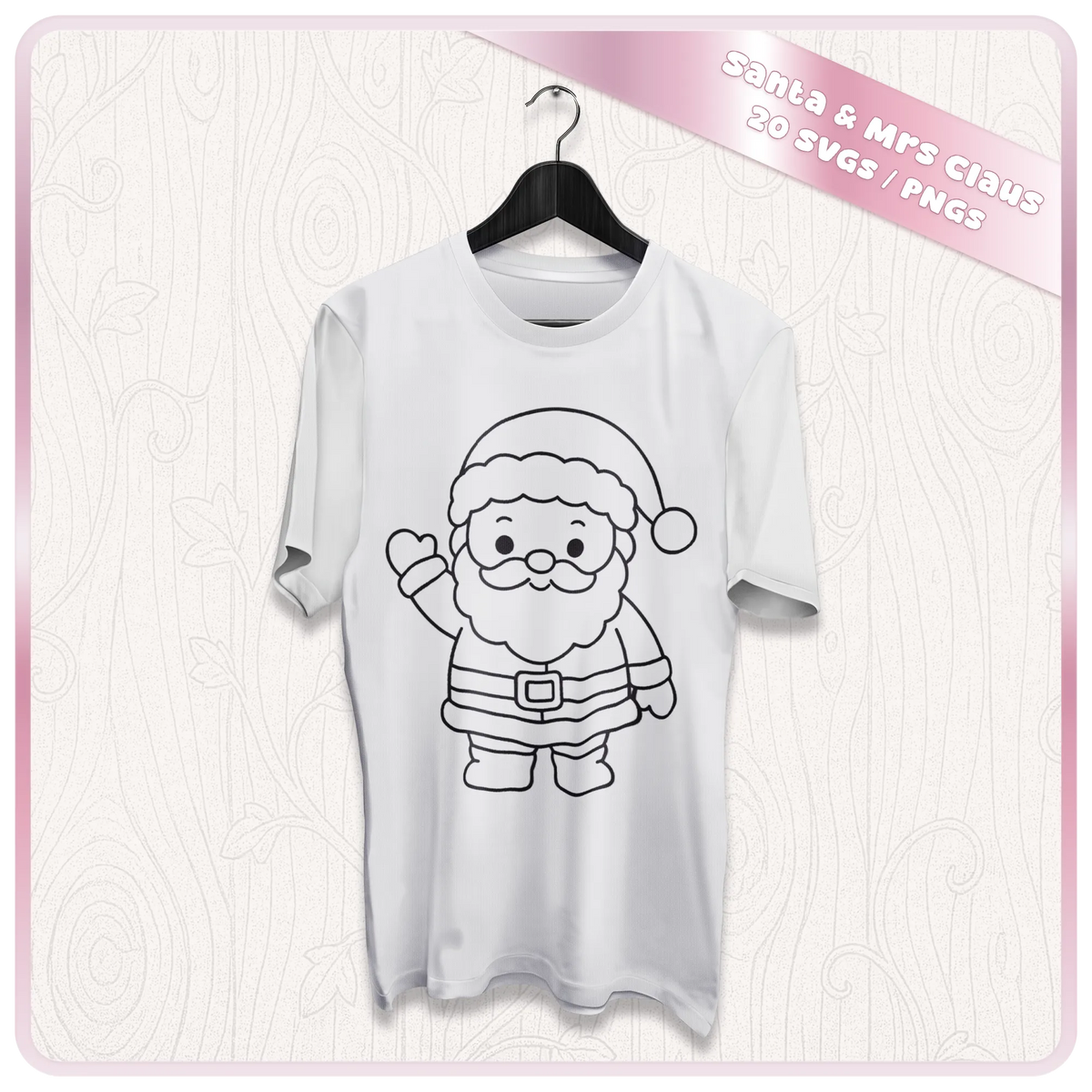 White Christmas T-shirt featuring a cute waving Santa Claus black outline SVG design, ideal for festive clothing and personalised holiday gifts.