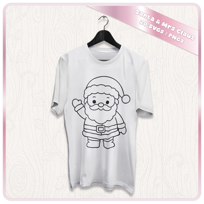 White Christmas T-shirt featuring a cute waving Santa Claus black outline SVG design, ideal for festive clothing and personalised holiday gifts.