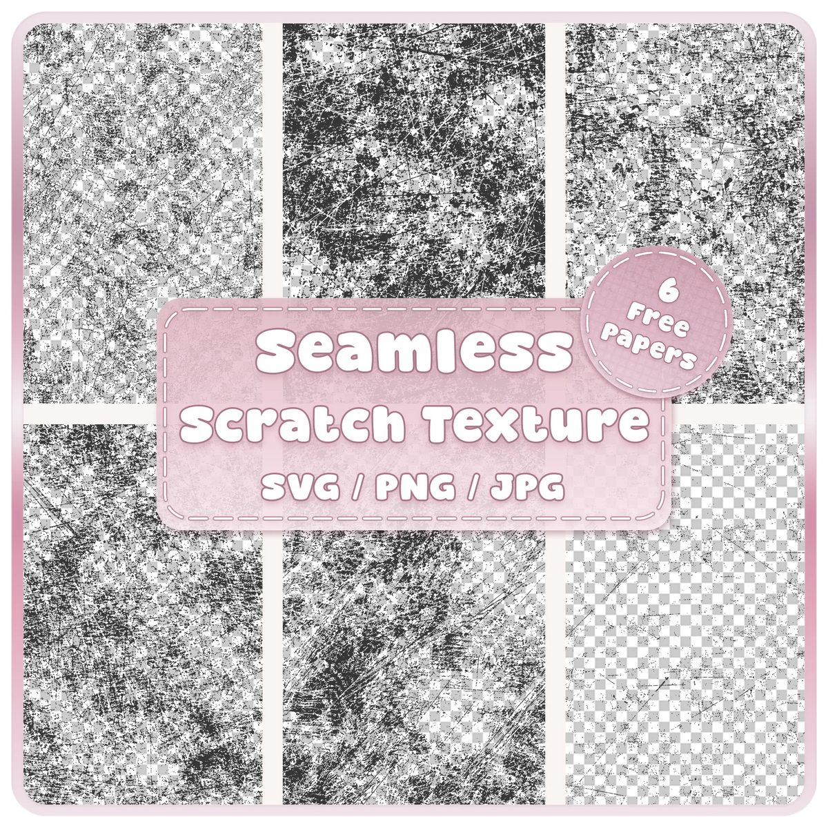 Six scratch texture seamless pattern overlays in black distressed grunge designs, supplied as SVG PNG and JPG digital downloads with 6 free colour example papers.