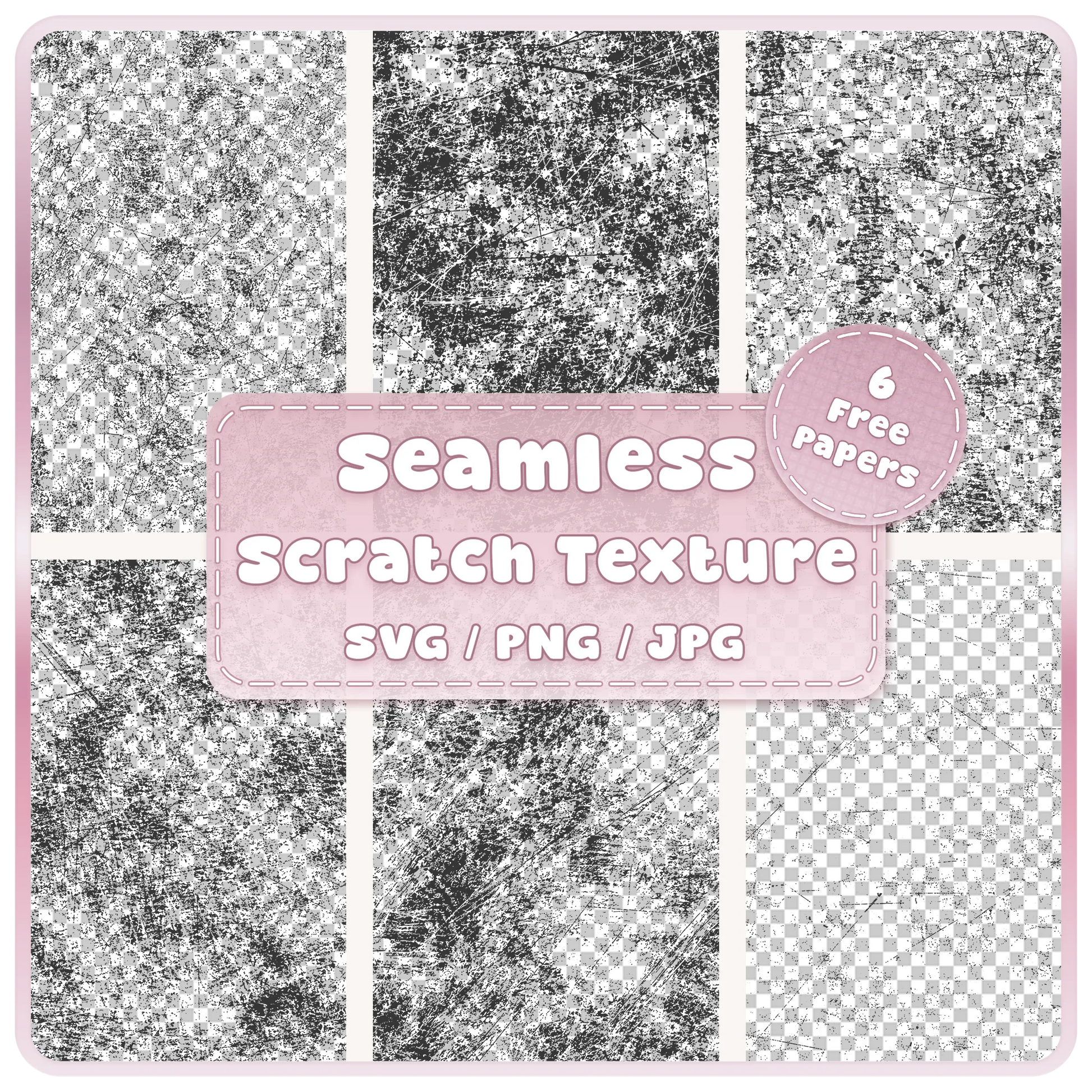 Six scratch texture seamless pattern overlays in black distressed grunge designs, supplied as SVG PNG and JPG digital downloads with 6 free colour example papers.