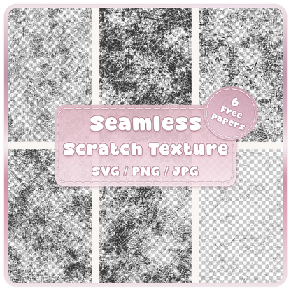 Six scratch texture seamless pattern overlays in black distressed grunge designs, supplied as SVG PNG and JPG digital downloads with 6 free colour example papers.