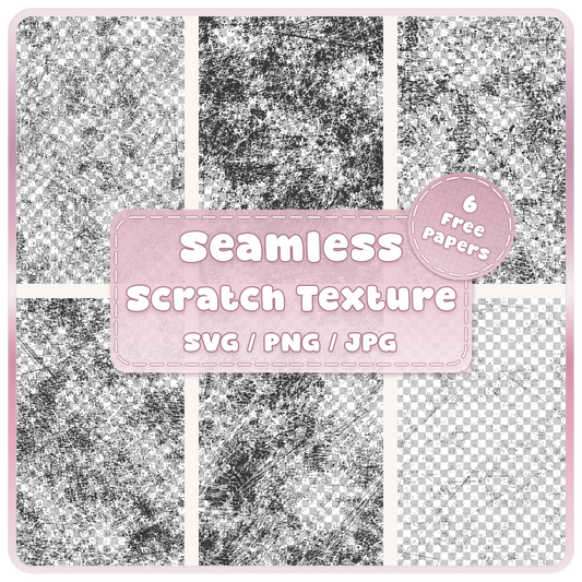 Six scratch texture seamless pattern overlays in black distressed grunge designs, supplied as SVG PNG and JPG digital downloads with 6 free colour example papers.