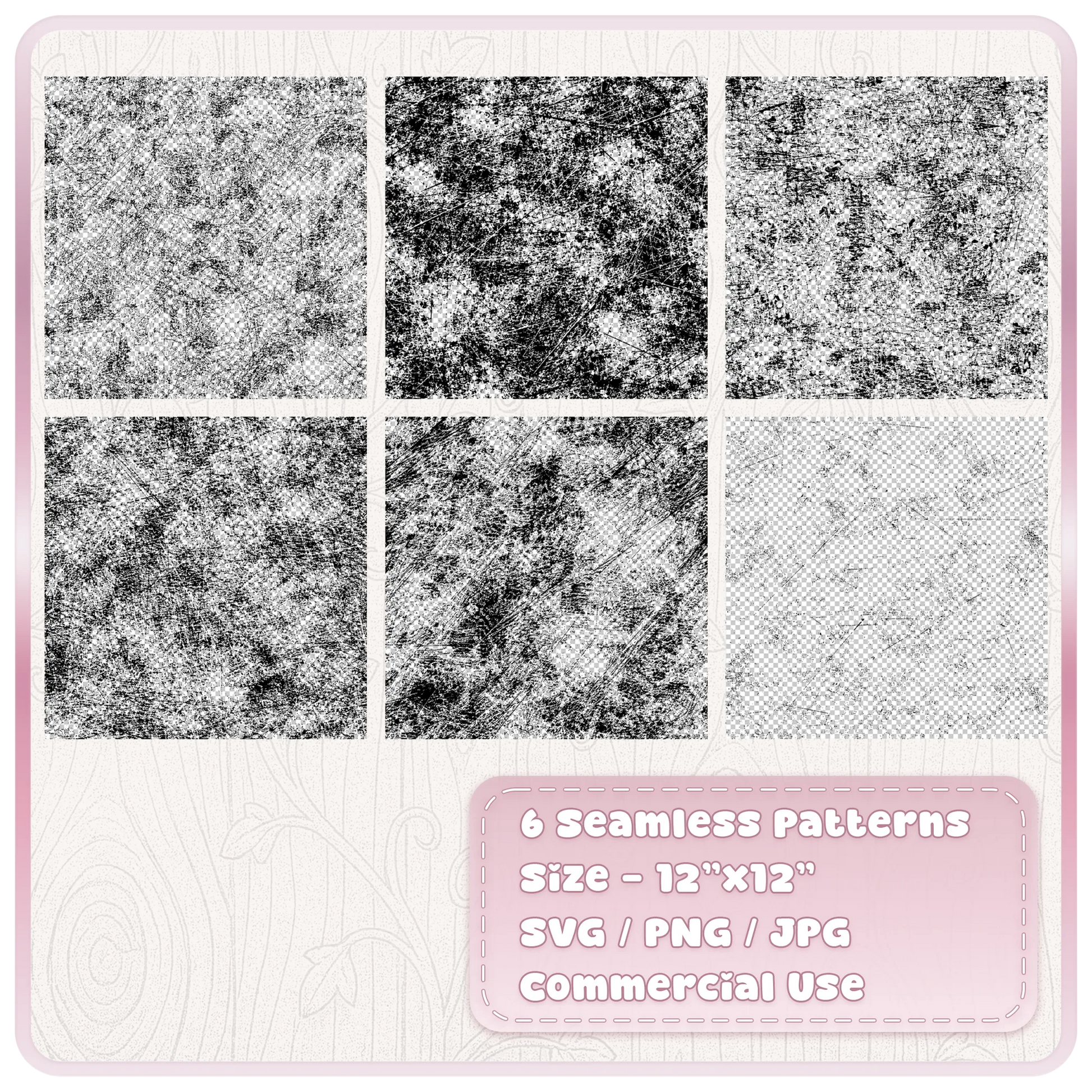 Preview of six seamless scratch texture patterns featuring distressed scratches, scuffs, worn grunge marks and transparent PNG backgrounds in SVG PNG and JPG formats.