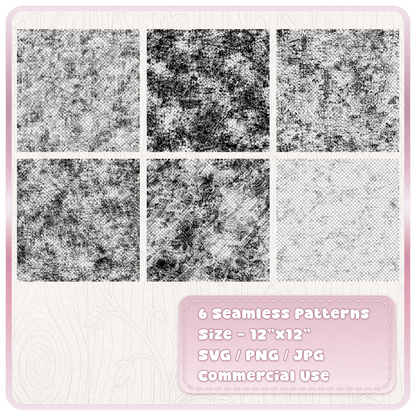 Preview of six seamless scratch texture patterns featuring distressed scratches, scuffs, worn grunge marks and transparent PNG backgrounds in SVG PNG and JPG formats.