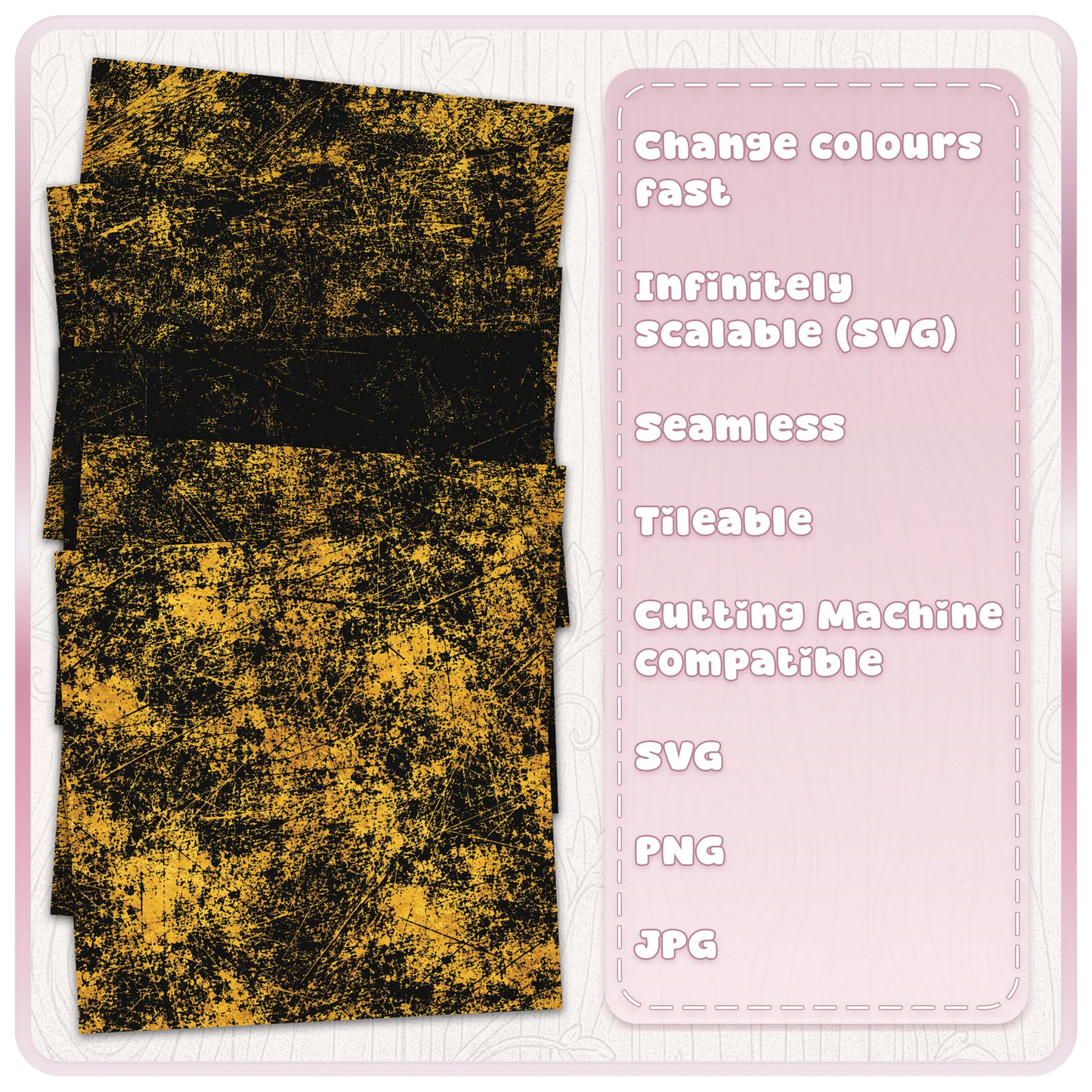 Black and gold scratch texture seamless pattern colour examples showing recolourable SVG grunge overlays, scalable digital patterns and PNG JPG file formats.