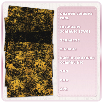 Black and gold scratch texture seamless pattern colour examples showing recolourable SVG grunge overlays, scalable digital patterns and PNG JPG file formats.