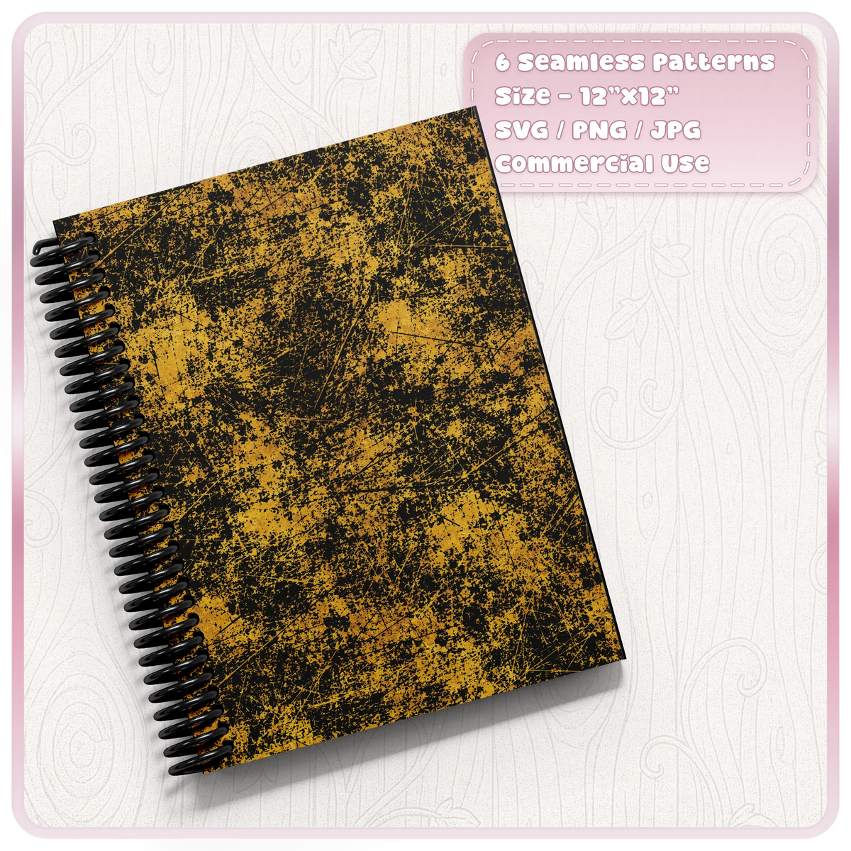 Black and gold distressed scratch seamless pattern applied to a spiral notebook mockup, showing a grunge texture suitable for stationery and printable designs.