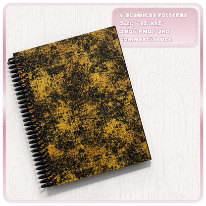 Black and gold distressed scratch seamless pattern applied to a spiral notebook mockup, showing a grunge texture suitable for stationery and printable designs.
