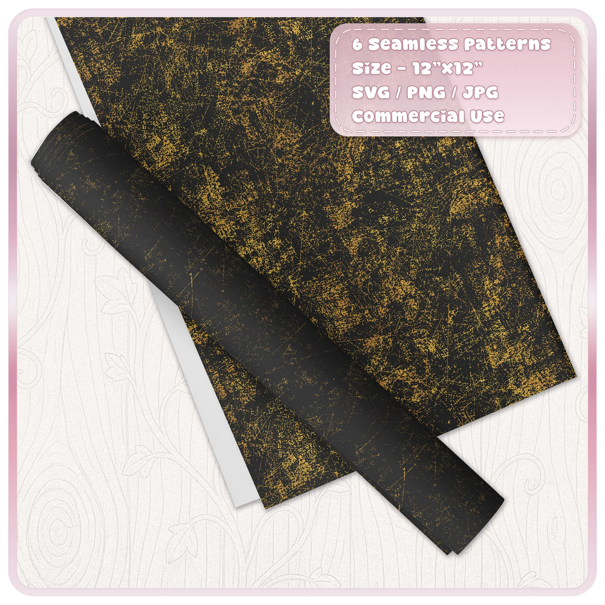 Black and gold seamless scratch texture pattern shown on wrapping paper, demonstrating a distressed grunge overlay for gift wrap, paper crafts and surface design.