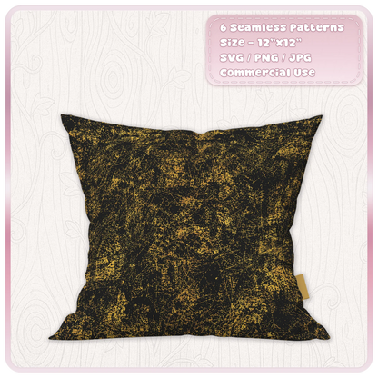 Black and gold scratch texture seamless pattern displayed on a cushion mockup, showing a distressed grunge design suitable for fabric, home decor and sublimation projects.