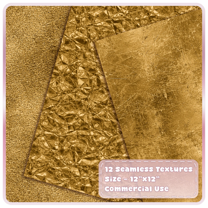 Seamless bronze metallic textures featuring grainy gold bronze, crumpled foil and distressed vintage metal overlays