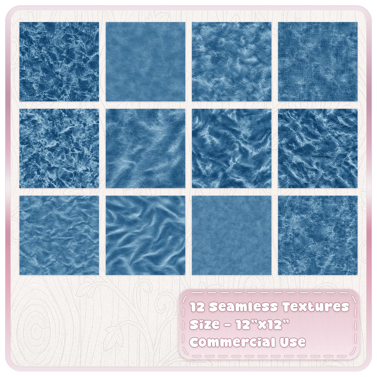 12 seamless blue velvet digital papers showing crushed, brushed, plush and distressed fabric textures
