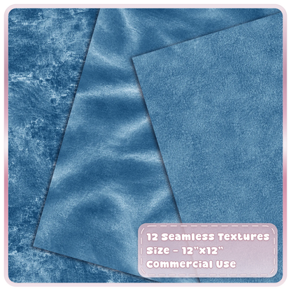 Blue seamless velvet backgrounds with smooth brushed and distressed fabric textures for digital design