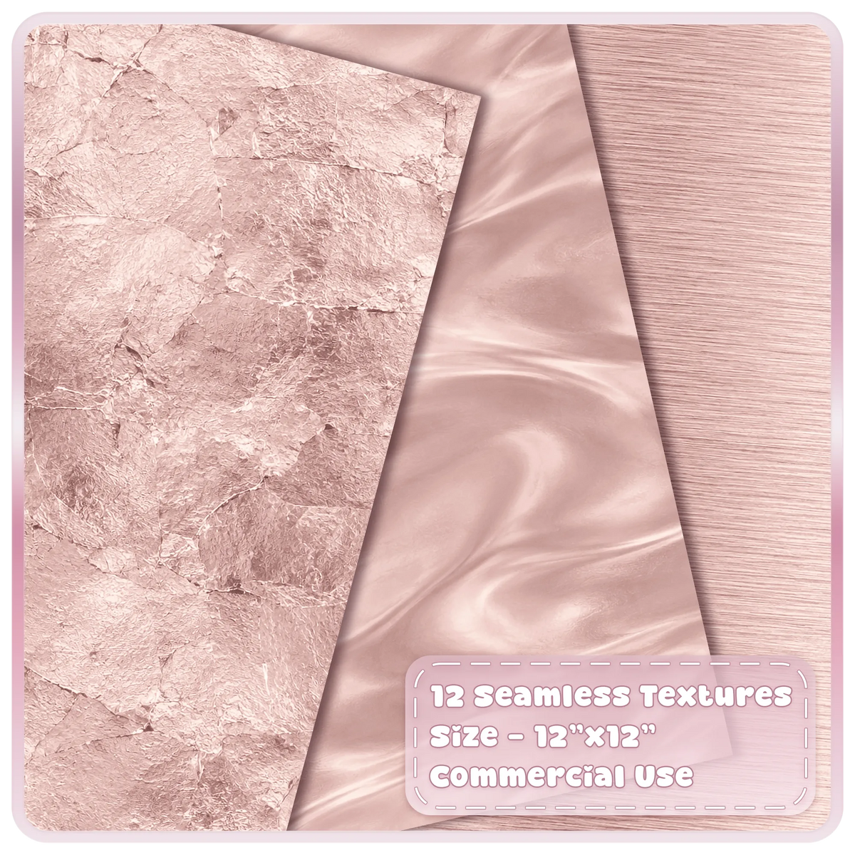 Blush champagne metallic digital paper textures showing distressed rose gold foil, silky satin and brushed pink metal